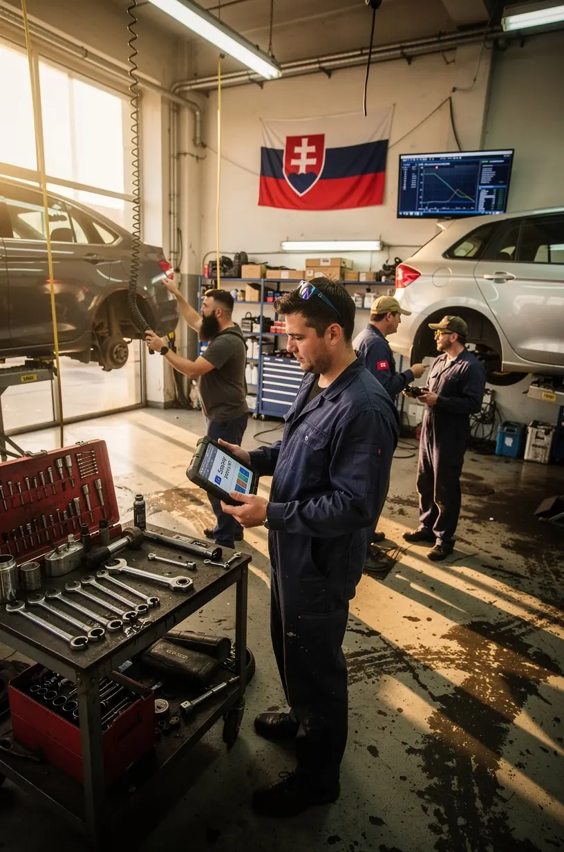 Technik vykonáva mobilnú pred-diagnostiku vozidla s prenosným zariadením na parkovisku pred autoservisom, pripravený poskytnúť detailnú správu o poruche a navrhnúť opravy s orientačným rozpočtom v ten istý deň.