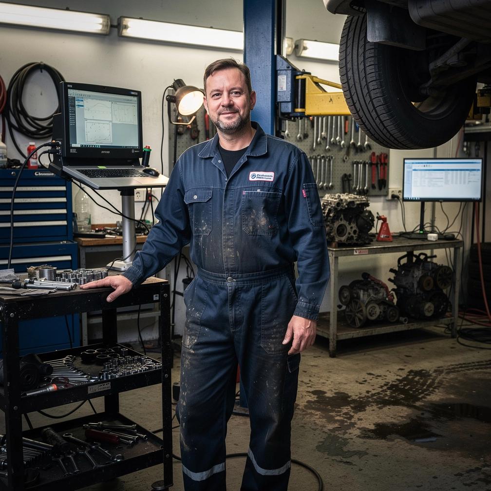 Mobilný mechanik vykonáva pred-diagnostiku vozidla pomocou prenosného diagnostického prístroja na parkovisku.